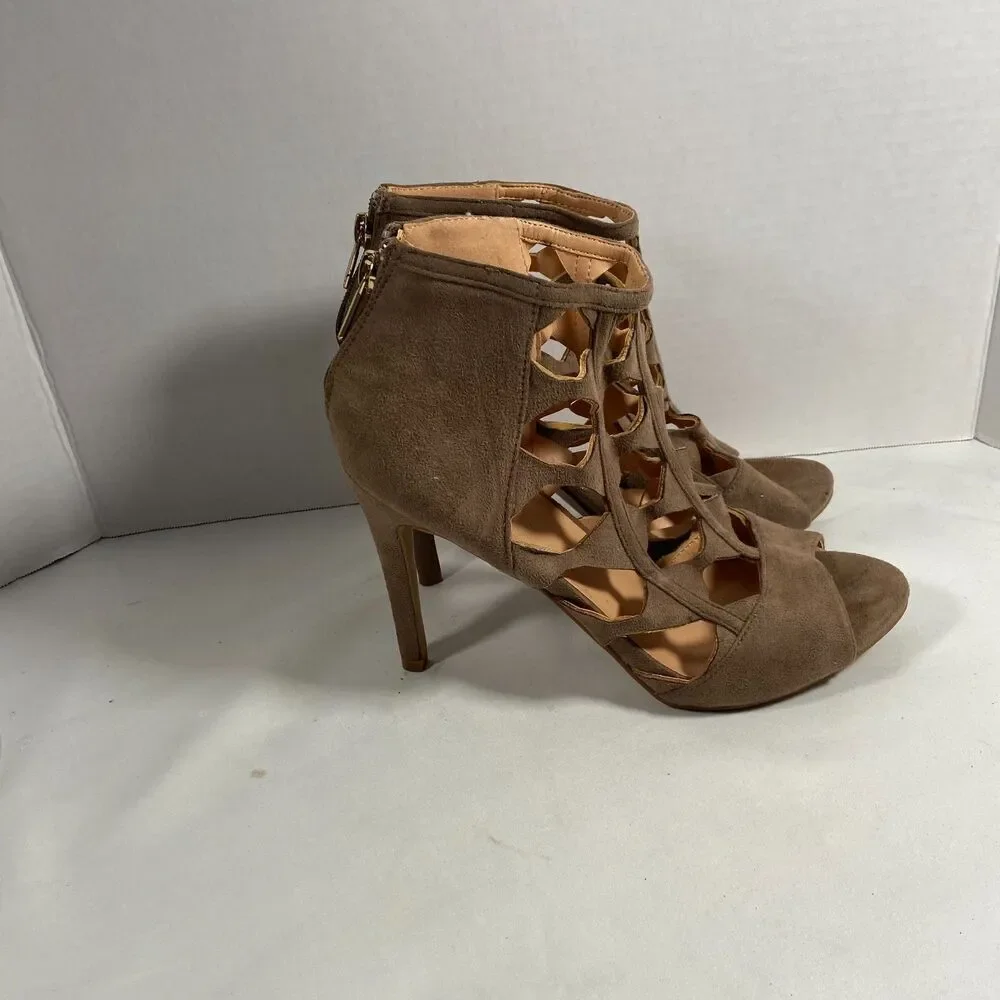 Yoki Womens Brown Suede Cage Cutout Peep Toe Sandal Bootie Heels